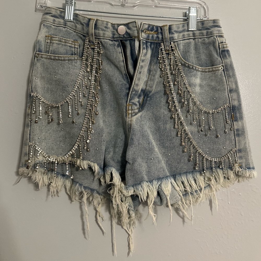 Blue B Ultra High Rise Rhinestone Fringe Shorts